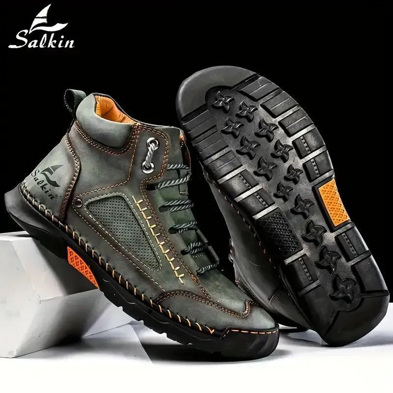 Men's Comfortable Handmade Leather Boots – Waterproof, Arch Support, Pressure Relief, Spacious Toe Box Outdoor Leather Shoes